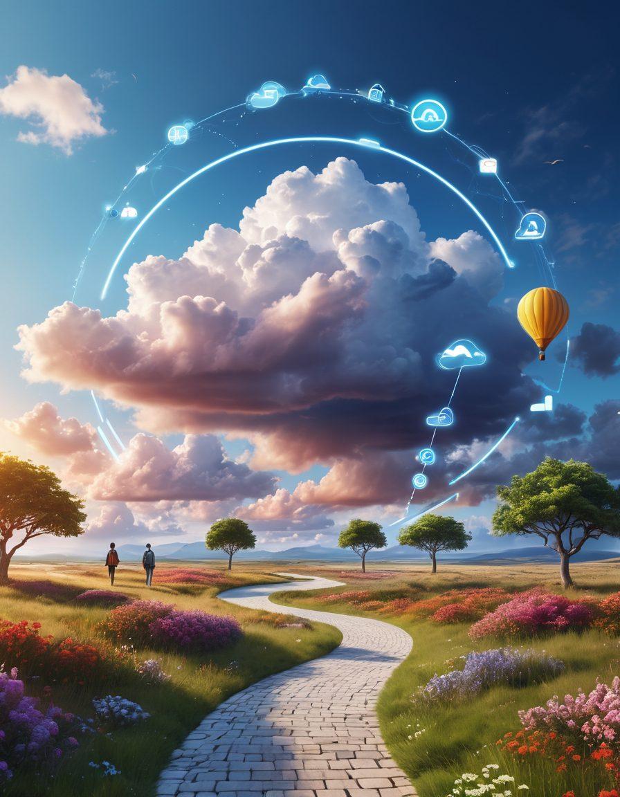 A futuristic landscape showcasing a serene pathway winding through digital icons representing various online insurance options. Include a diverse group of people, engaged and exploring on devices, symbolizing accessibility and guidance in the insurance journey. Incorporate visuals of floating data streams and cloud technology for a modern touch. super-realistic. vibrant colors. 3D.